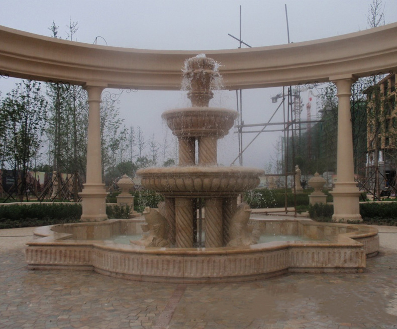 室外大型黃銹石鯉魚噴泉 工廠直銷花崗巖石雕流水景觀噴泉定制116